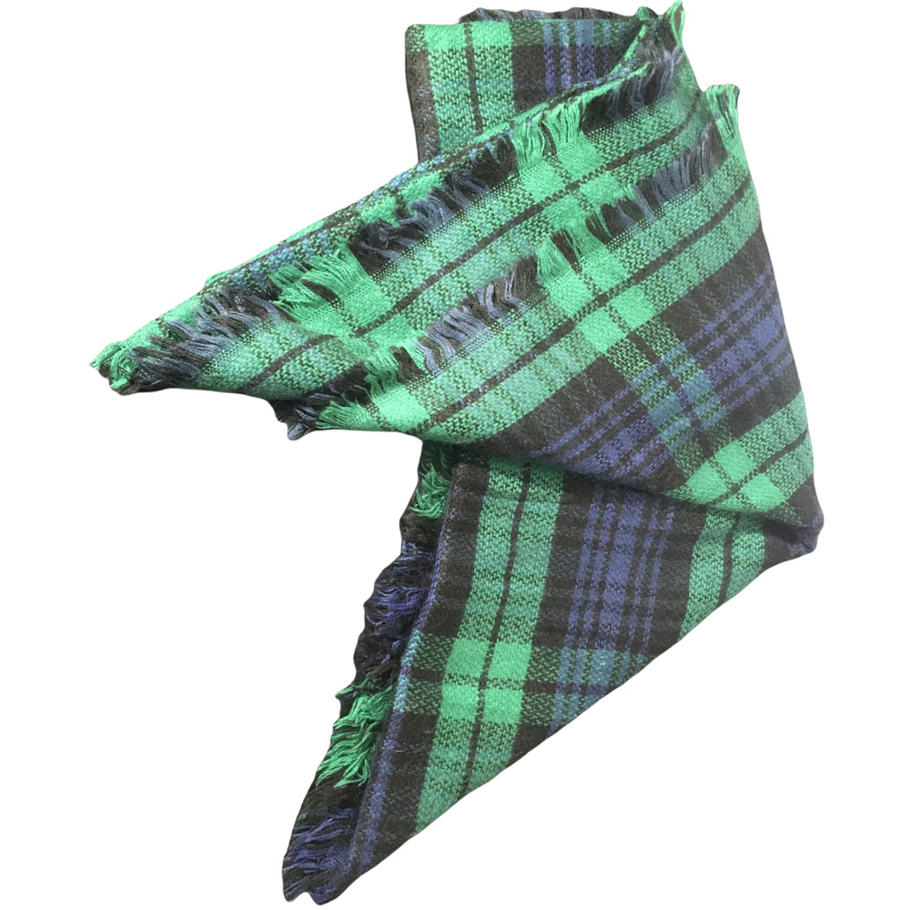 Check Plaid Thin Fringe Throw Blanket Green and Blue 100% Acrylic Cabincore